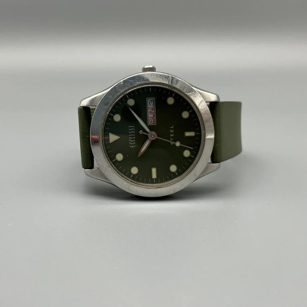 Ecclissi Women Watch 35mm Green Dial Silicone Day Date Stainless New Battery